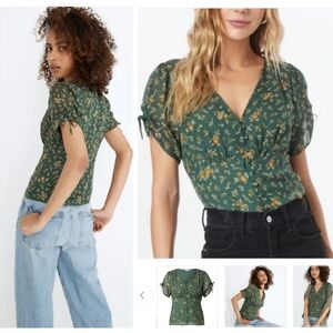 Madewell Silk Evie Tie Sleeve Top Fresh Sprigs Forest Green Cropped Sz 6